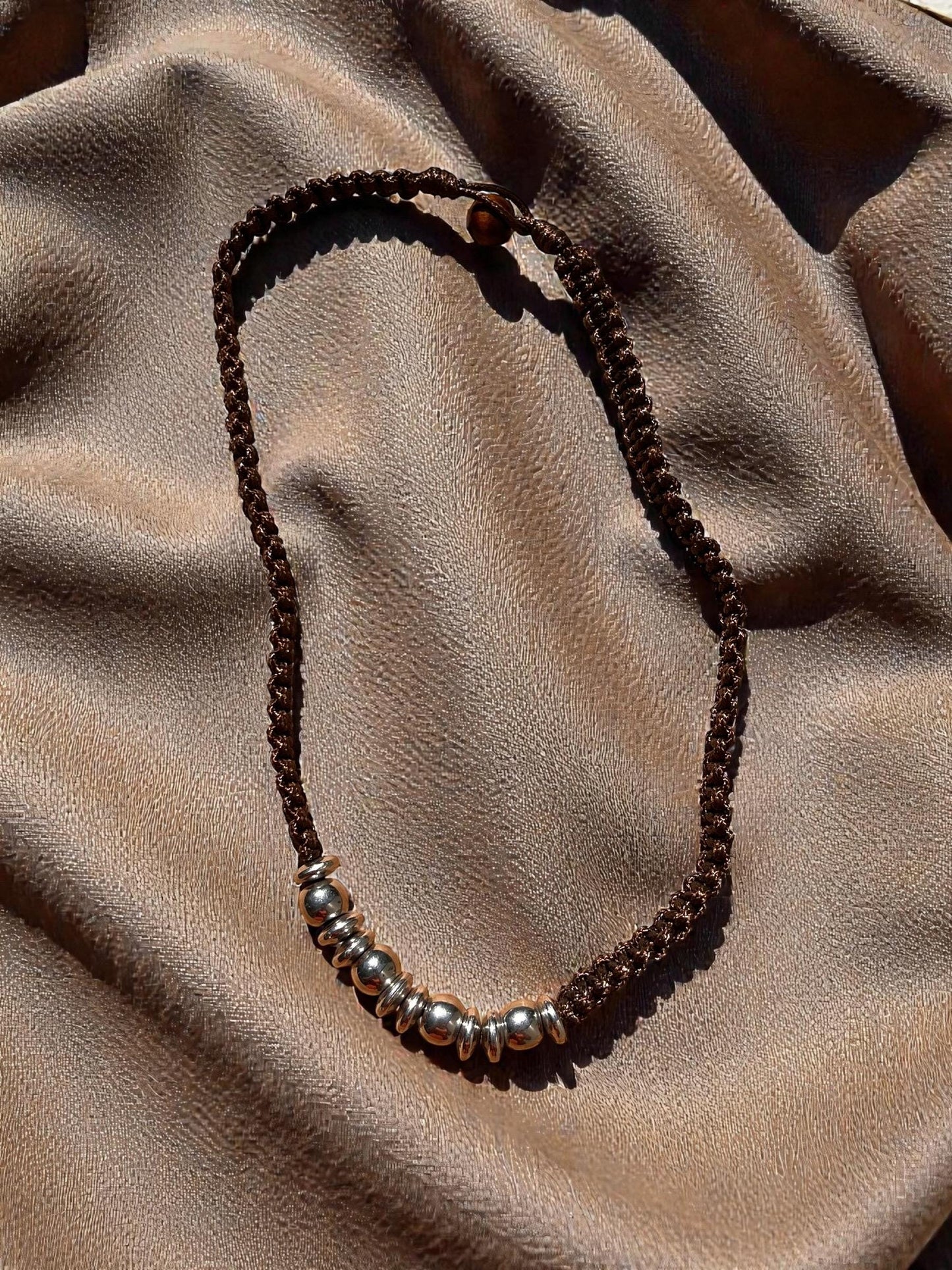 Brown Braided Cord Necklace | Silver Bead Boho Necklace | Minimalist Unisex Jewelry | Rustic Cord Necklace