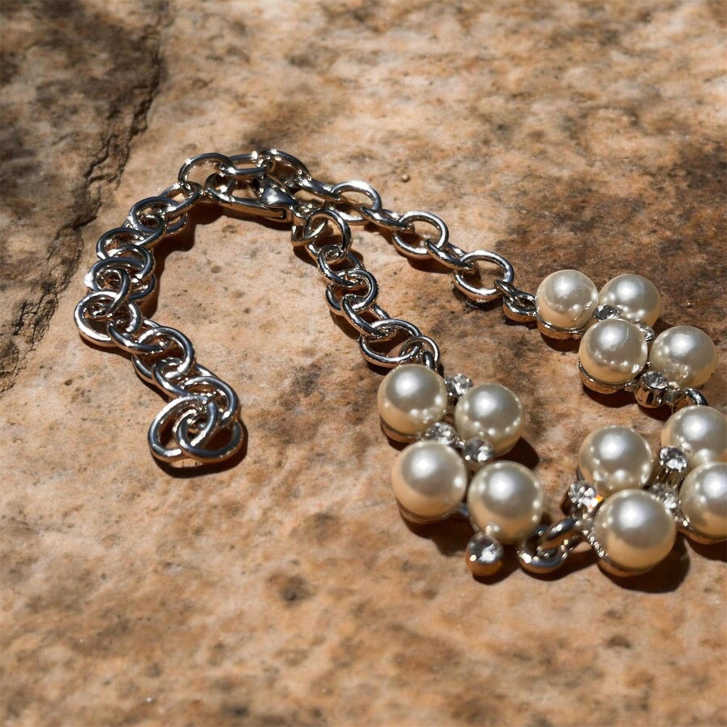 Pearl Bridal Jewelry Set, Necklace  Bracelet, Rhinestone Accents, Silver Tone