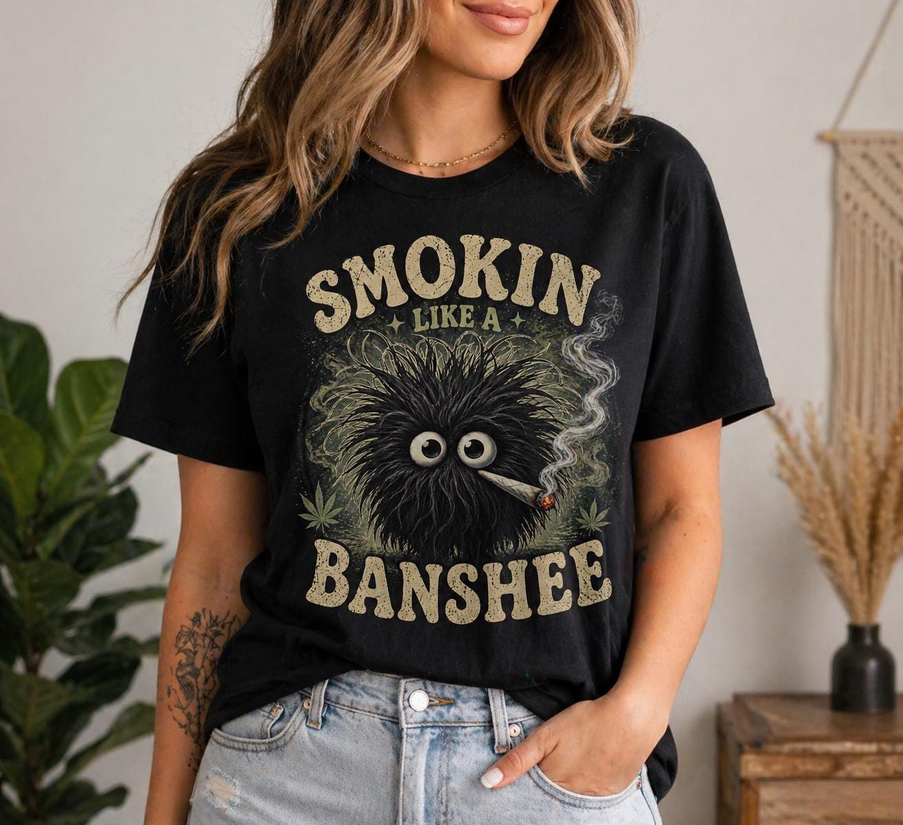 Smokin Like a Banshee Shirt, Funny Stoner Tee, Cute Fuzzy Monster T-Shirt, Weed Humor Graphic Tee, Retro Funny Shirt, Unisex Cannabis Shirt