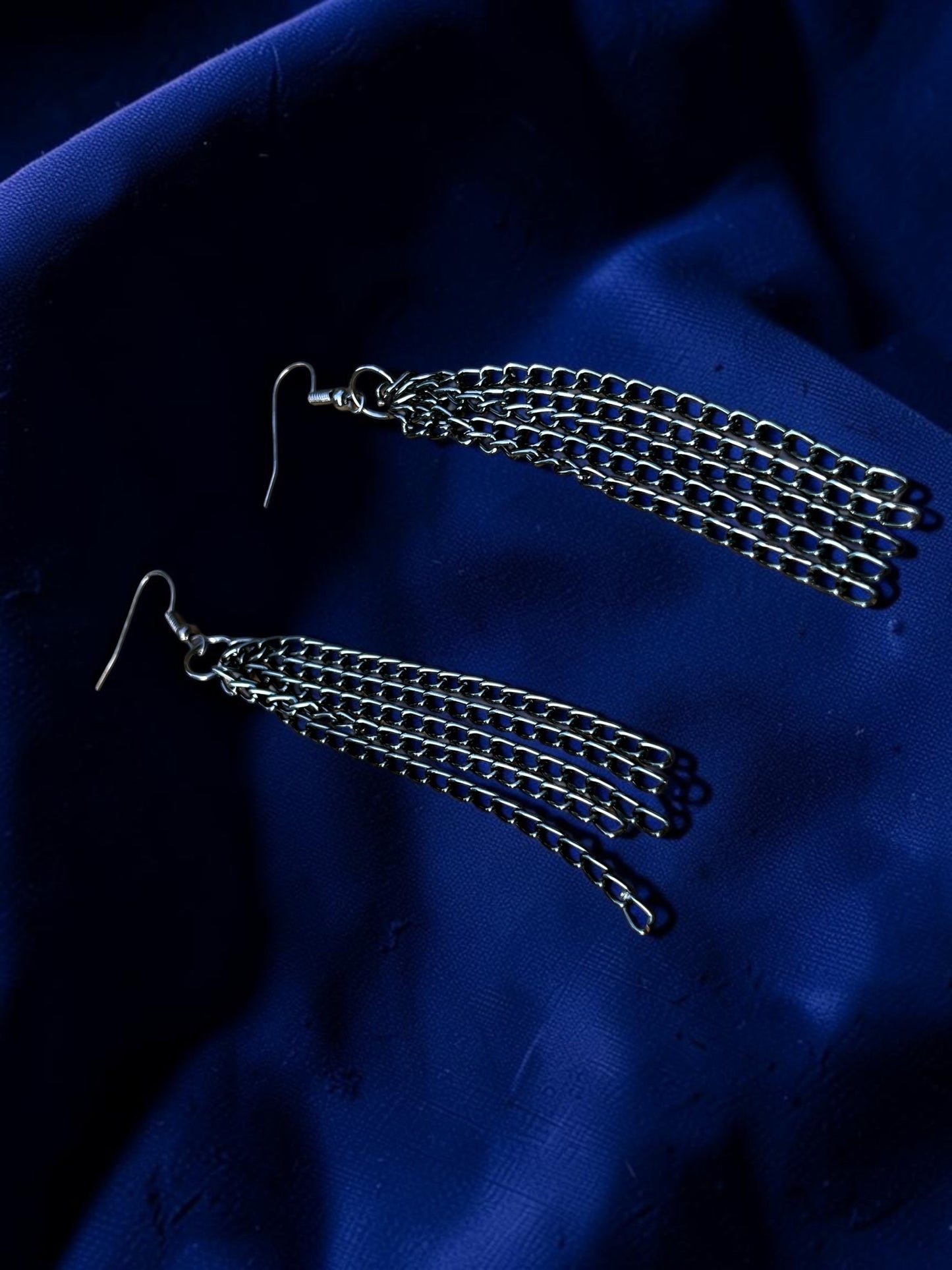 Long Dark Silver Chain Tassel Earrings | 4 Inch Statement Dangle Earrings | Lightweight Fringe Earrings | Boho Rock Chic Jewelry | Handmade Gift for Her
