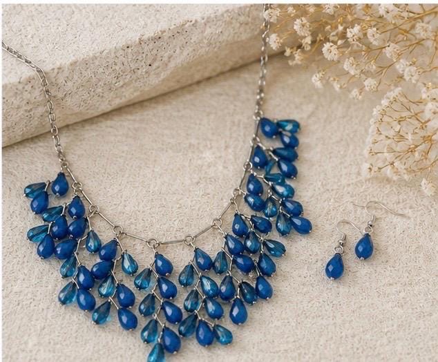 Layered Blue Teardrop Bib Necklace and Earrings Set | Boho Evening Jewelry